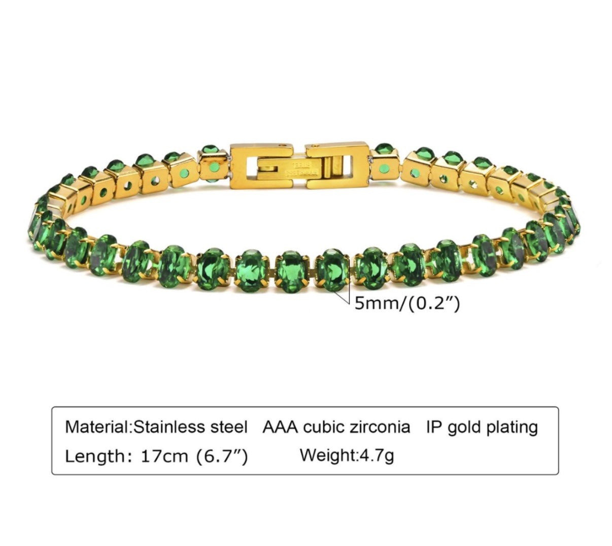 Emerald Green AAA Cubic Zirconia Tennis Bracelet - Anti-Tarnish 18K Gold Plated Stainless Steel (Lead & Nickel Free)