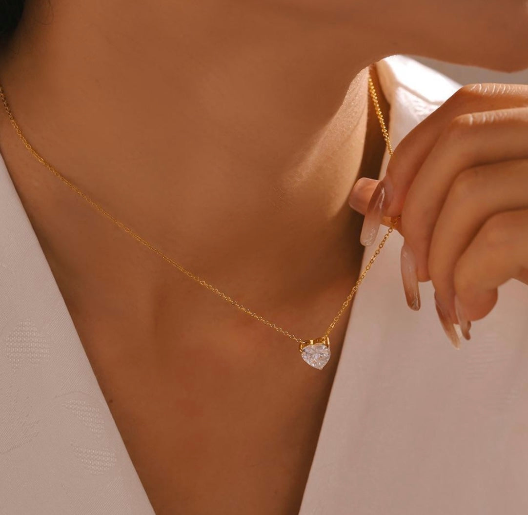 Dainty Gold Heart Pendant Necklace with Sparkling Cubic Zirconia