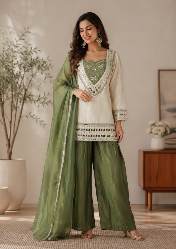 Ivory & sage green mirror-work sharara suit: