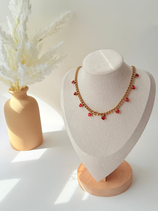 Gold Chain Necklace with Red Heart Charms