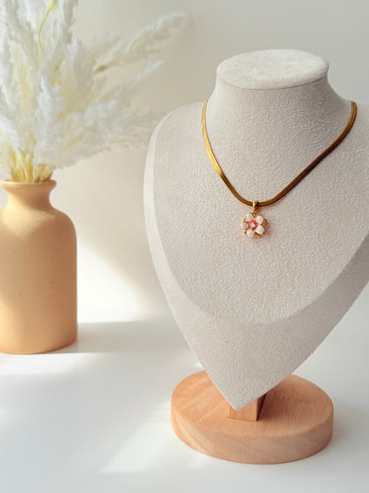 Gold Snake Chain with Pink Flower Pendant