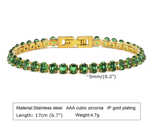 Emerald Green AAA Cubic Zirconia Tennis Bracelet - Anti-Tarnish 18K Gold Plated Stainless Steel (Lead & Nickel Free)