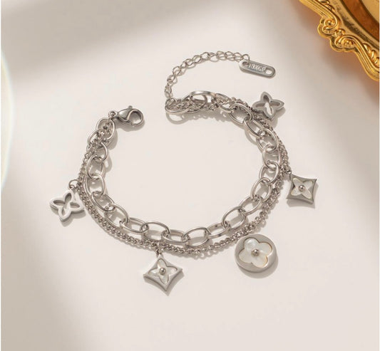 Elegant 18K Gold Plated Stainless Steel Double Layer Clover Charm Bracelet for Women