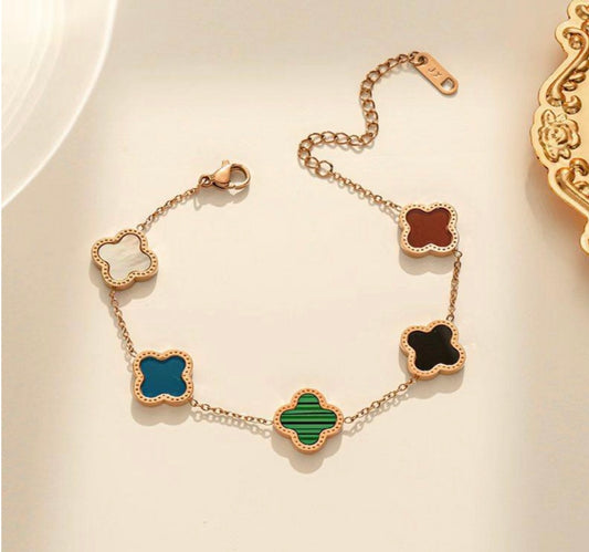 Lucky Clover Charm Bracelet for Women - 18K Gold Plated Stainless Steel with Multi-Color Enamel Four Leaf Charms (Copy)