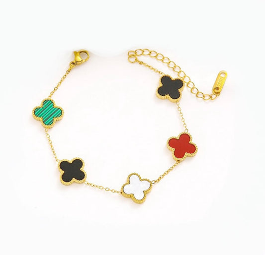 Lucky Clover Charm Bracelet for Women - 18K Gold Plated Stainless Steel with Multi-Color Enamel Four Leaf Charms
