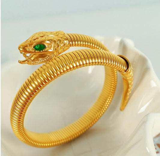 Elegant Gold-Tone Snake Coiled Bracelet with Emerald Green Eyes - Adjustable Wrap Bangle