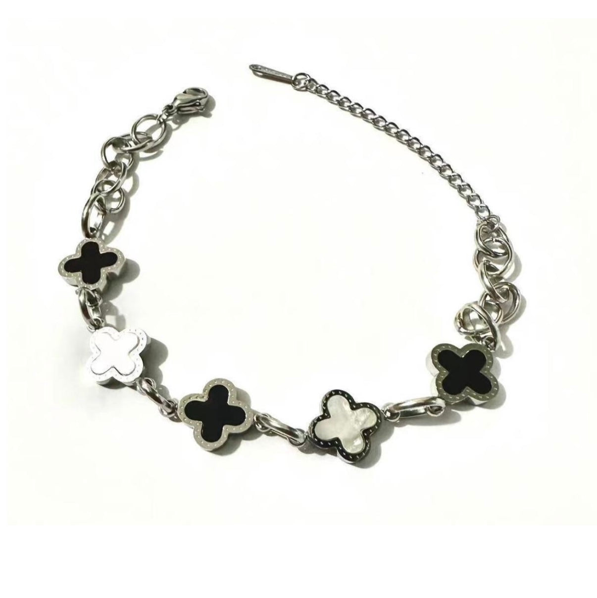 Elegant Black & White Clover Charm Bracelet - Adjustable Stainless Steel Four Leaf Lucky Bracelet for Women
