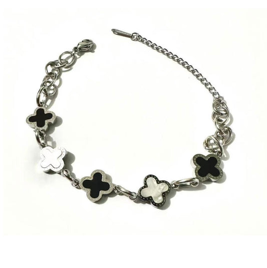 Elegant Black & White Clover Charm Bracelet - Adjustable Stainless Steel Four Leaf Lucky Bracelet for Women