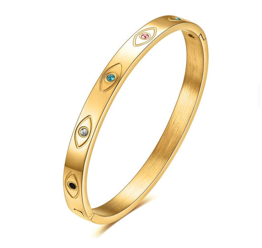 Elegant 18K Gold Plated Evil Eye Zircon Bangle Bracelet - Anti-Tarnish Protection Charm
