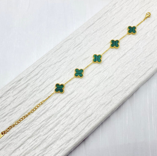 Luxurious 18K Gold Plated Anti-Tarnish Stainless Steel Malachite Green Clover Bracelet for Women