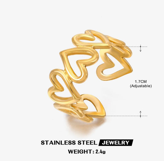 Adjustable Gold Plated Stainless Steel Open Heart Ring for Women