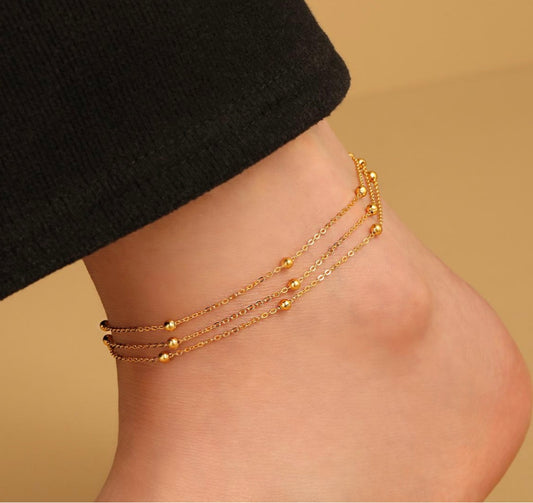 Elegant Multi-Layered Gold Beaded Anklet for Women - Dainty Ankle Chain