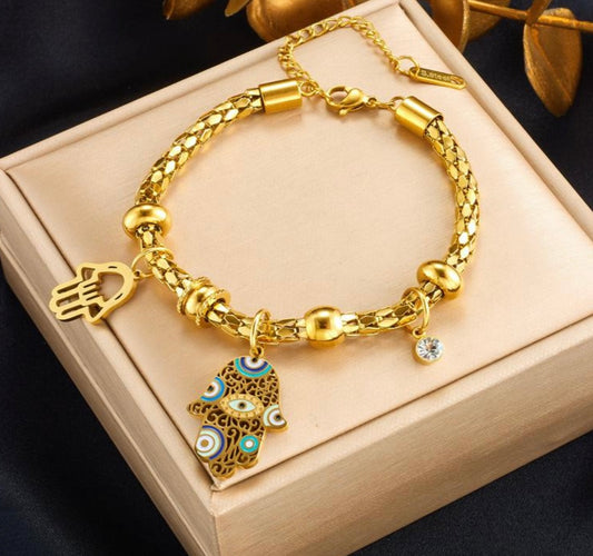 Elegant Gold-Tone Stainless Steel Hamsa & Evil Eye Charm Bracelet for Protection & Style