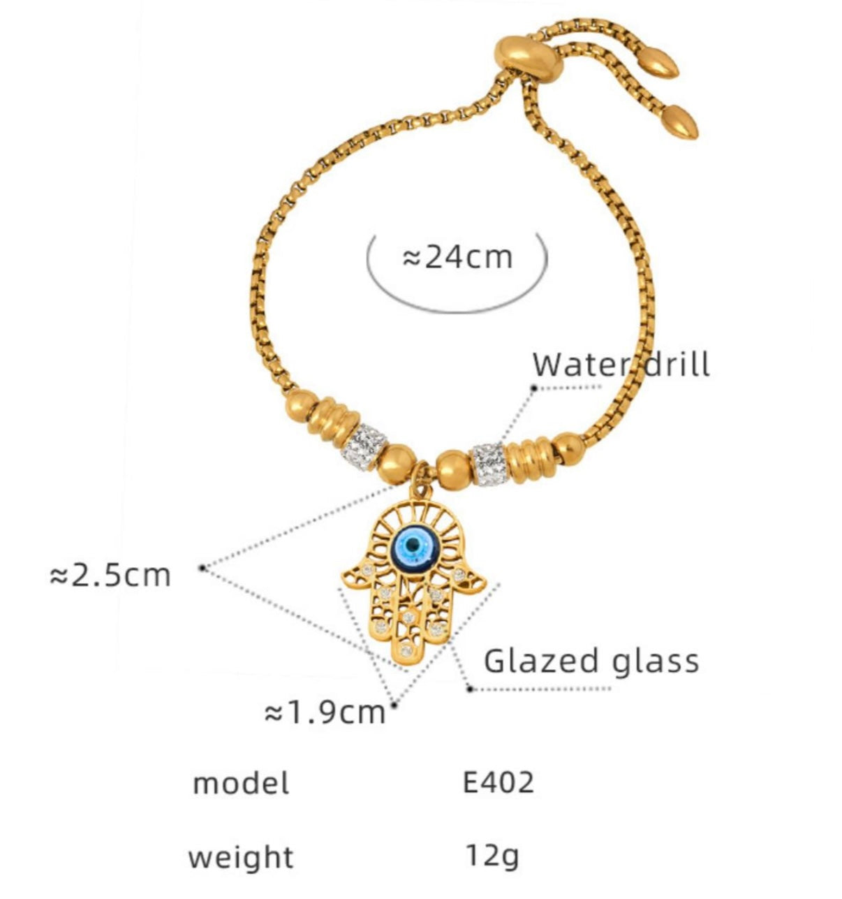 Evil Eye Adjustable Gold-Tone Bracelet with Glazed Glass Charm