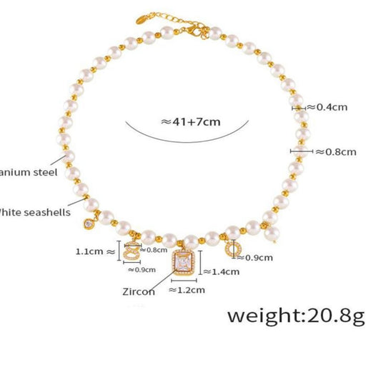 Elegant Imitation Pearl & Zircon Pendant Titanium Steel Necklace with Seashell Accents