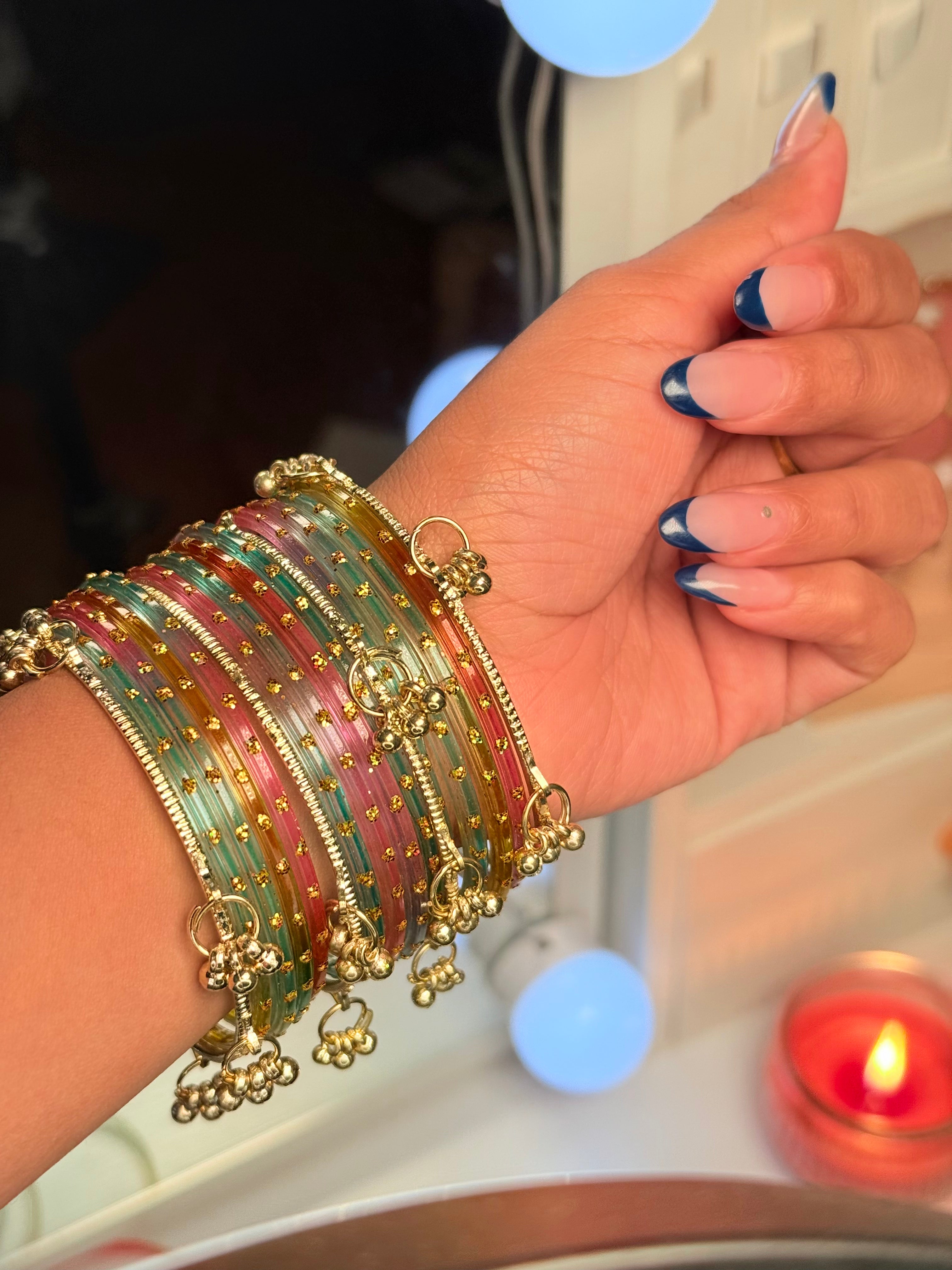 Glitter Kashmiri Bangles With 4-Gold Ghungroo Bangle Set