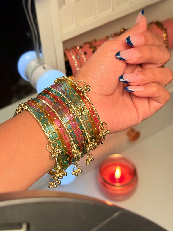 Glitter Kashmiri Bangles With 4-Gold Ghungroo Bangle Set