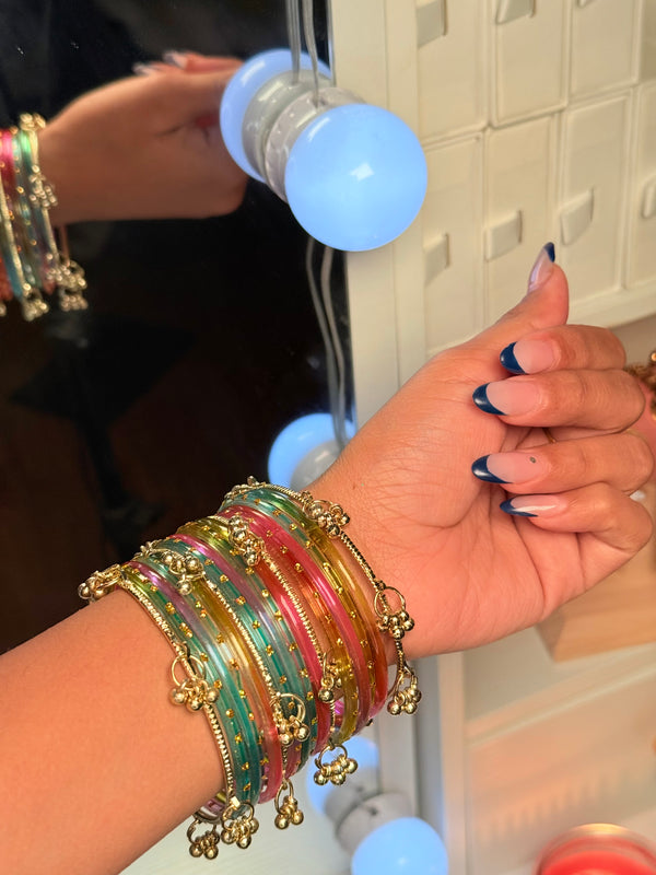 Mixed-and-Matched Kashmiri Bangle With 4 Gold Ghungroo Bangle Set