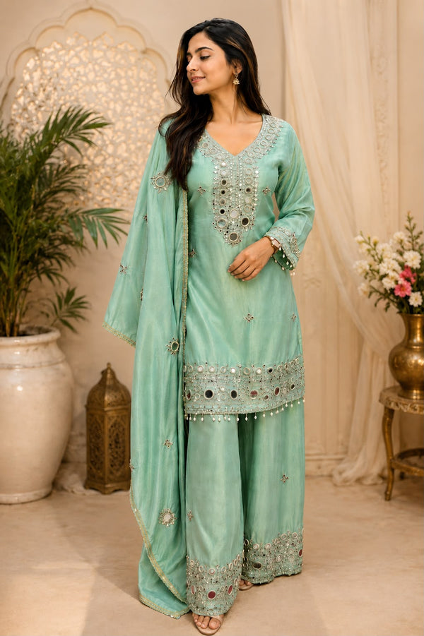Mint Shimmer Mirror Plazzo Set